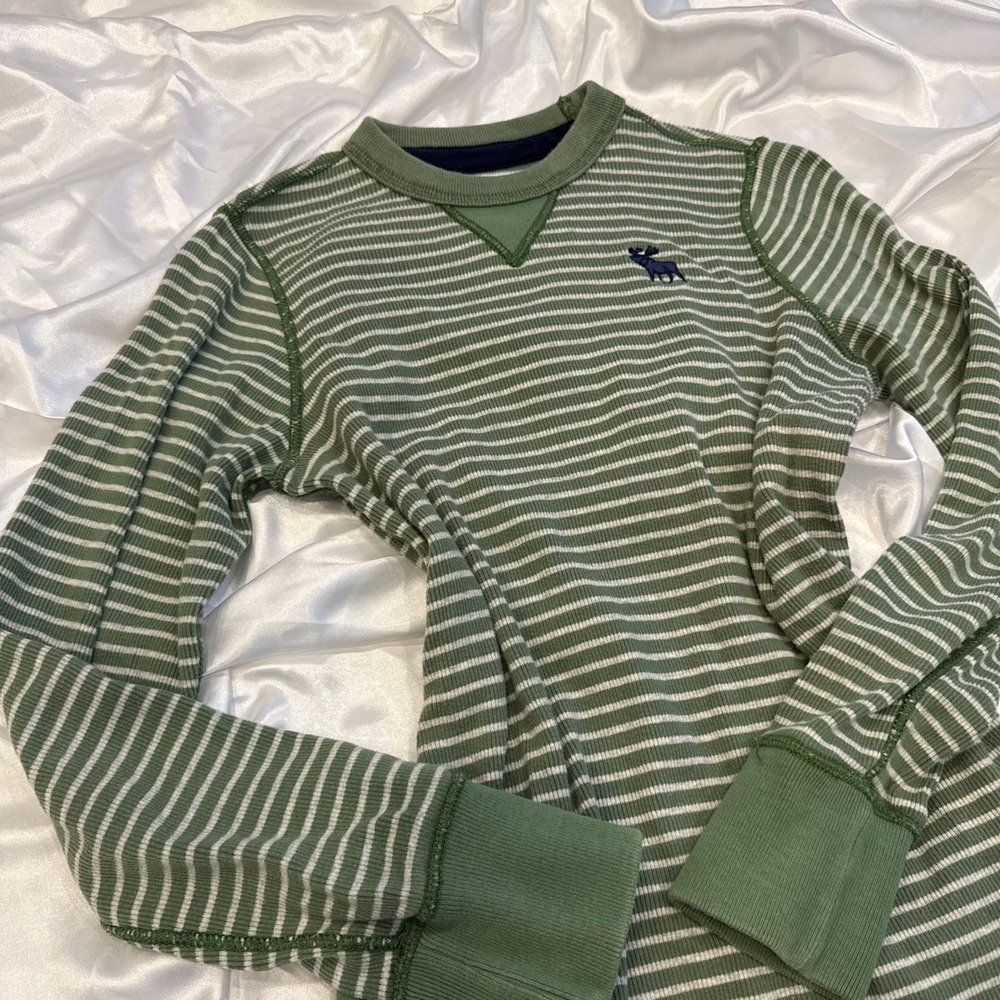 Abercrombie Green Striped Thermal Long Sleeve Waffle Knit Top Moose Logo Medium - Picture 2 of 4
